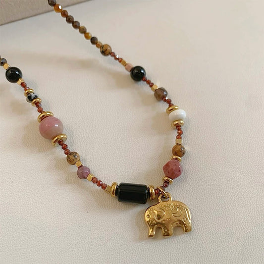4番 小象チャーム天然石ビーズ ネックレス/ブレスレット