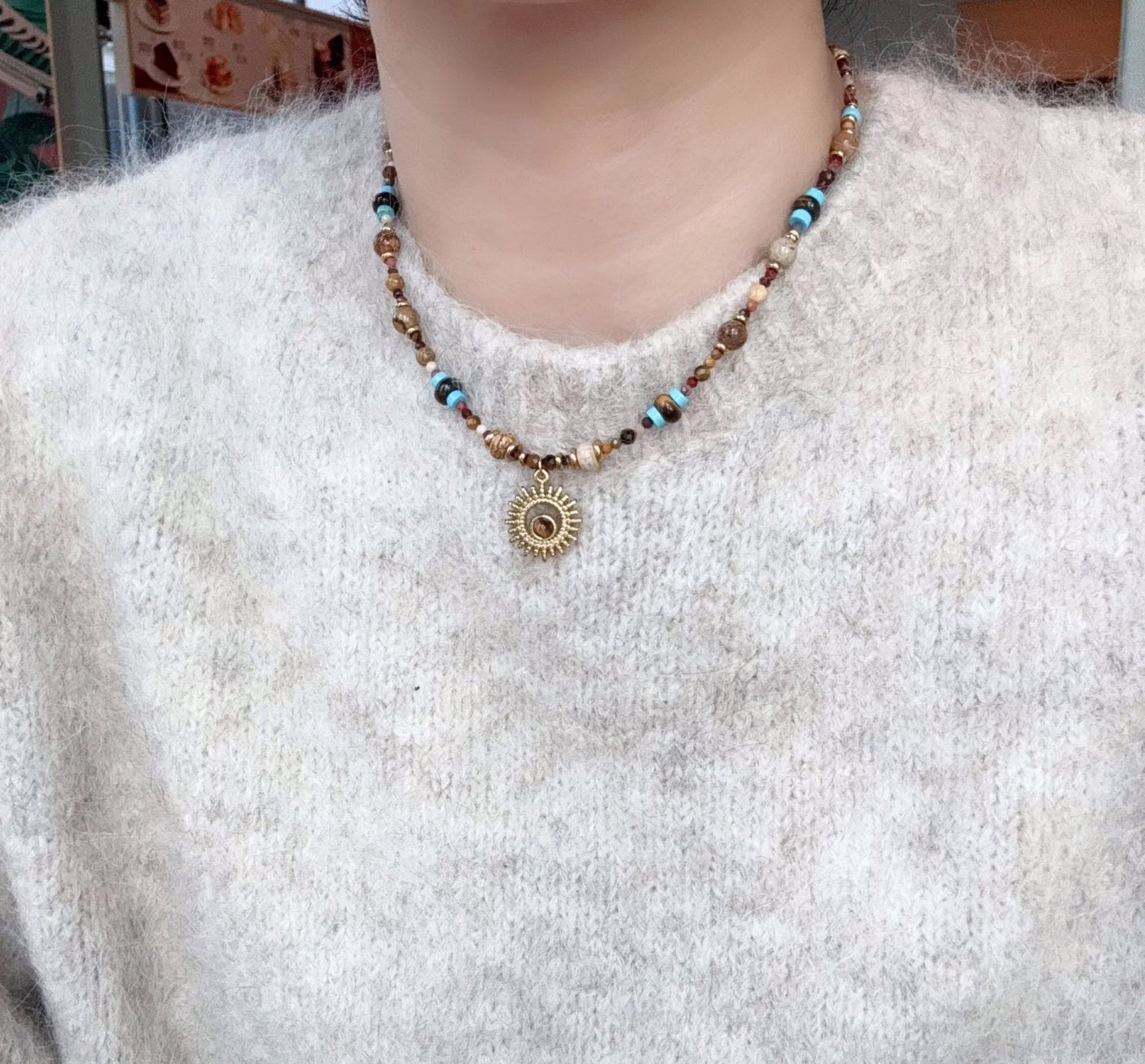 5番 天然石ミックス&チタン鋼ネックレス