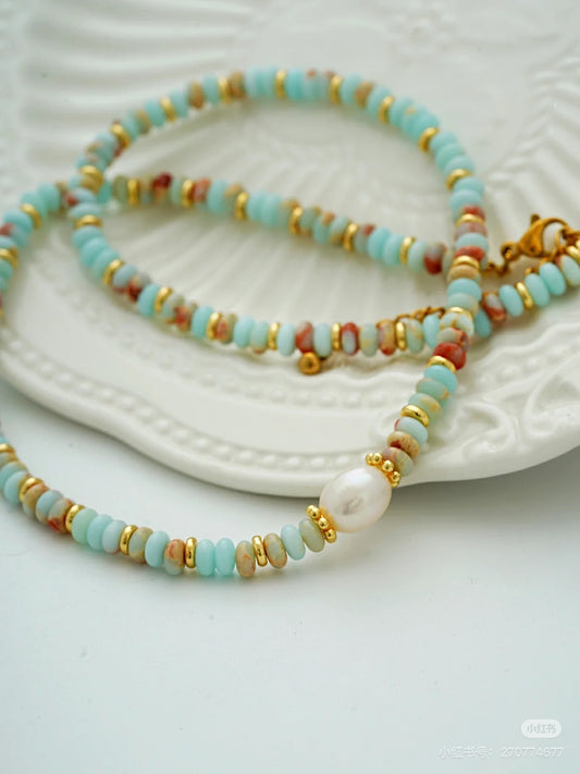 3番 淡水パール × 寿山石風ビーズ ネックレス/ブレスレット